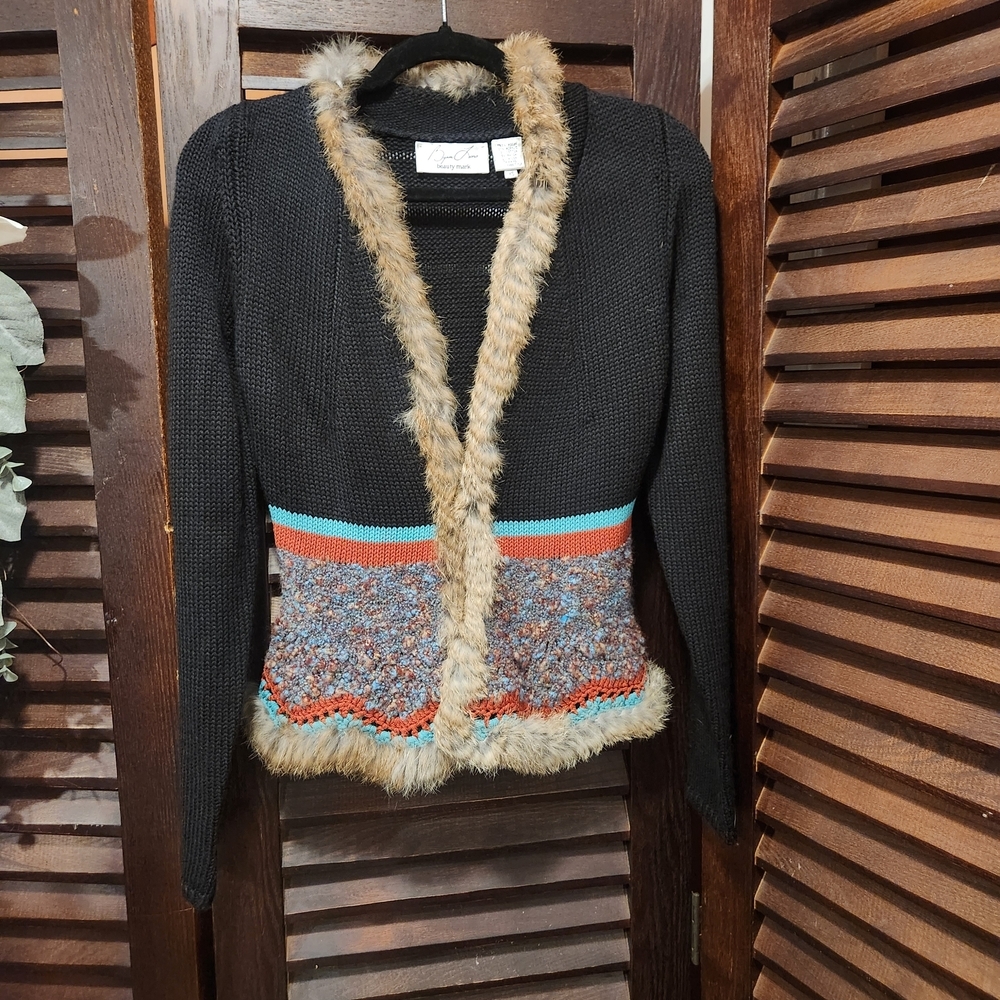 Byron Lars Black Knit Cardigan with Faux Fur Trim and Multicolor Waist